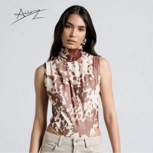 Brown & Cream Cow Print Sleeveless Mock Neck Top